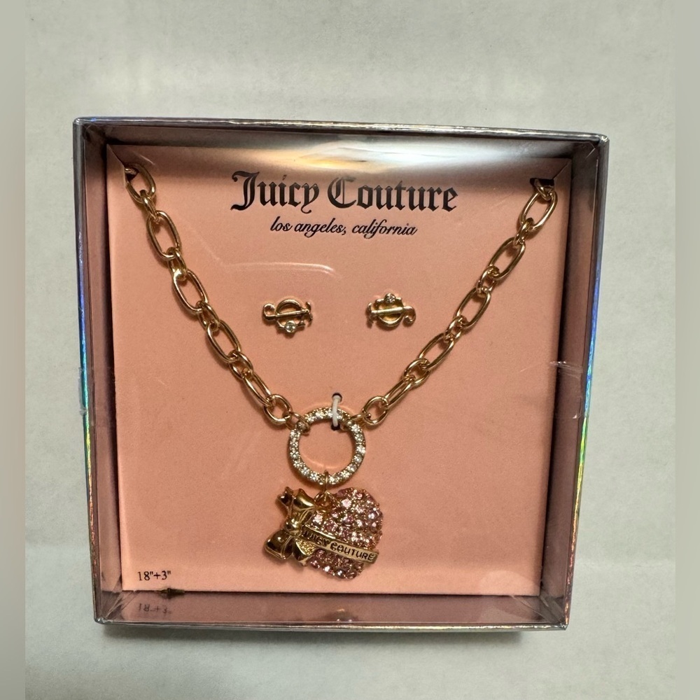 Juicy Couture Gold necklace with Pink heart charm & earrings